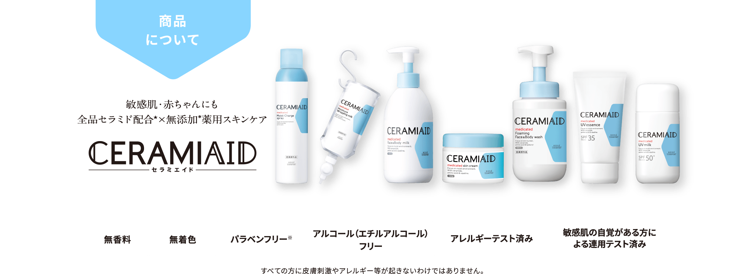 商品について 敏感肌・赤ちゃんにも 全品セラミド配合*×無添加*薬用スキンケア CERAMIAID（セラミエイド） 無香料／無着色／パラベンフリー※／アルコール（エチルアルコール）フリー／アレルギーテスト済み／敏感肌の自覚がある方による連用テスト済み すべての方に皮膚刺激やアレルギー等が起きないわけではありません。