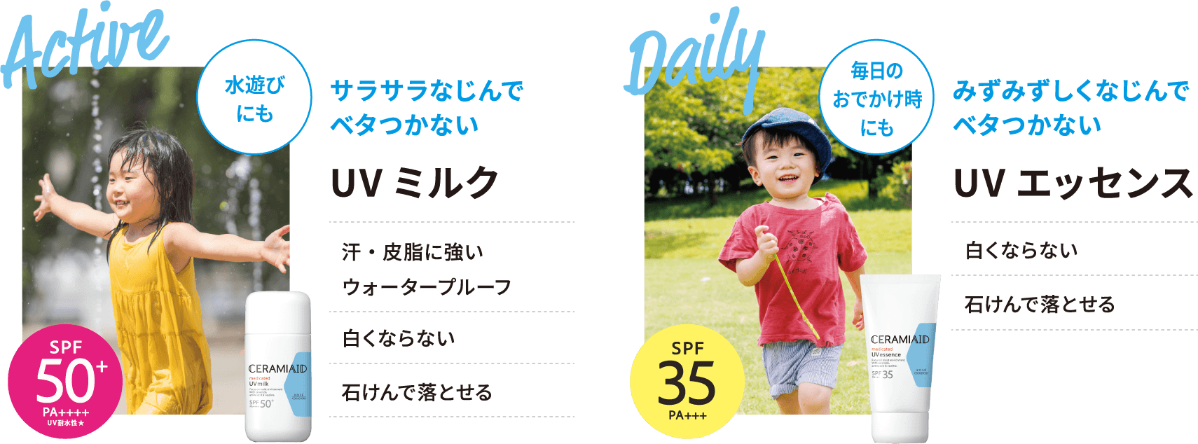 Active 水遊びにも | サラサラなじんでベタつかない UVミルク | 汗・皮脂に強いウォータープルーフ、白くならない、石けんで落とせる | Daily 毎日のおでかけ時にも | みずみずしくなじんでベタつかない UVエッセンス | 白くならない、石けんで落とせる